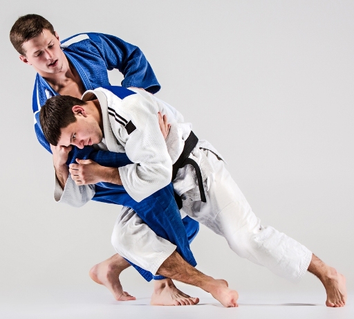 The two judokas fighters fighting men on gray studio background